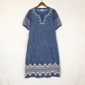 Roller Rabbit Indera Luca Caftan Midi Dress Blue Embroidered Size S Short Sleeve
